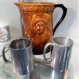 A Falconware ale pitcher twinned with two Victoria