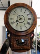 A 19thC inlaid drop dial wall clock 24in high