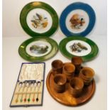 Five decorative plates, a set of six bamboo cups w