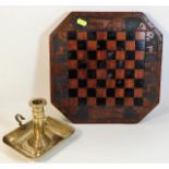 A carved chess board twinned with a 19thC. brass c