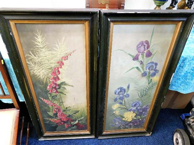 Two c.1900 paintings of flowers 35.5in x 13.5in