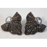 A pair of silver art deco marcasite earrings with blue stone a/f rear pin requires re-soldering