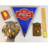 A vintage chrome & enamel AEC bus/lorry badge, an