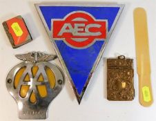 A vintage chrome & enamel AEC bus/lorry badge, an