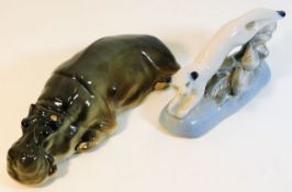 A Russian porcelain hippo 9in twinned with a stoat