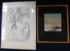 Two Thelma Beswick pieces of art, a pencil sketch twinned with a woollen hand woven picture, one oth