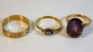 An 18ct gold diamond ring, lacking one stone 2.3g, a 9ct band lacking stones 2.4g & a 9ct amethyst r