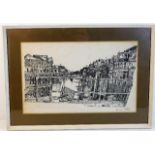 A framed print depicting Looe signed in biro Fred