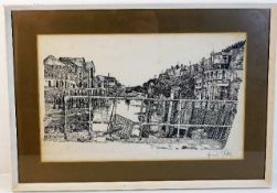 A framed print depicting Looe signed in biro Fred