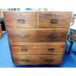 A 19thC. two piece mahogany campaign chest with br
