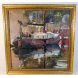 A framed Alan Ferebee oil on panel of barge 21in x