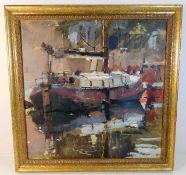 A framed Alan Ferebee oil on panel of barge 21in x