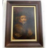 A framed Rembrandt style oil of gentleman, indisti