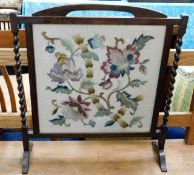 An oak fire screen with barley twist supports & wo