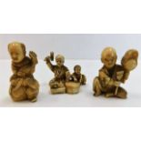 Three well carved antique Japanese ivory netsukes