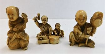 Three well carved antique Japanese ivory netsukes