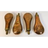 Four 19thC. brass & copper powder flasks