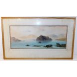 A framed watercolour of estuary scene indistinctly