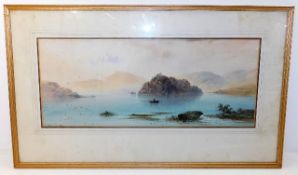 A framed watercolour of estuary scene indistinctly