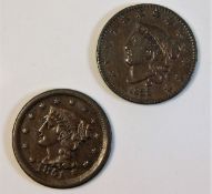 Two fine grade 19thC. USA one cent coins 1833 & 18