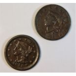 Two fine grade 19thC. USA one cent coins 1833 & 18