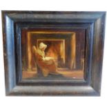 A framed 19thC. oil painting depicting woman sat b