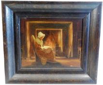 A framed 19thC. oil painting depicting woman sat b