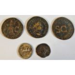 Four bronze Roman coins including two Senatus Cons