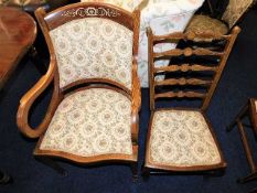 An Edwardian bent wood inlaid chair twinned with a