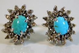 A pair of 18ct white gold, 0.6ct of diamond & turquoise earrings 6.4g