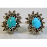 A pair of 18ct white gold, 0.6ct of diamond & turquoise earrings 6.4g