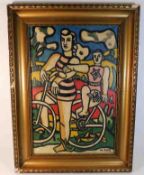 A gilt frame pop art style oil painting, some crac