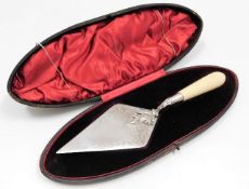 A Victorian, young head, 330g total, ivory handled silver ceremonial trowel with case