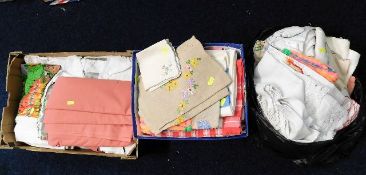 A quantity of linen items, two boxes & a bag