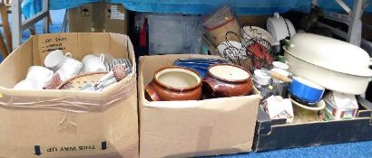 Four boxes of kitchen related items including larg