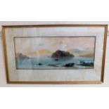 A framed watercolour of estuary scene indistinctly