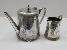 A 19thC. silver plated teapot & creamer with orien