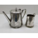 A 19thC. silver plated teapot & creamer with orien