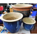 Three garden pots, largest 14.75in wide x 12in wid