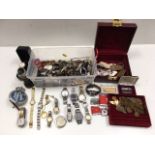 A quantity of mixed costume items, watches & coins