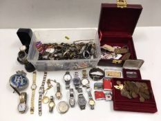 A quantity of mixed costume items, watches & coins