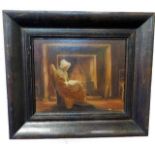 A 19thC. oil on canvas of woman sat near open fire