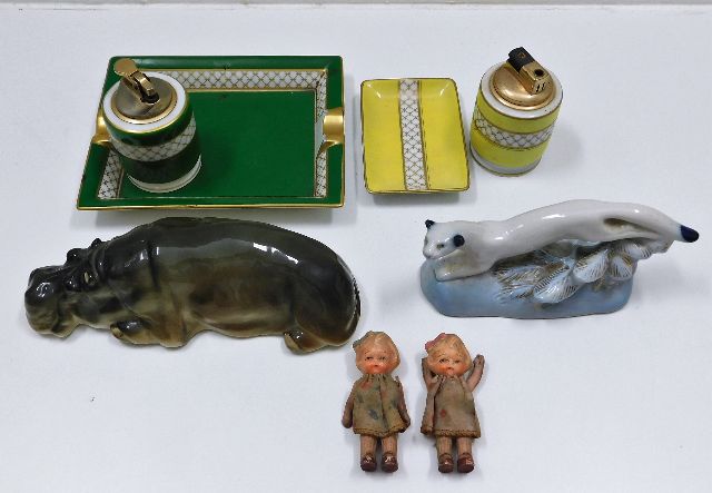 A Russian porcelain Hippo & Stoat twinned with two