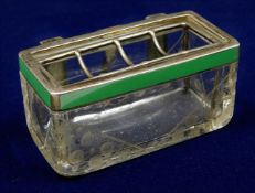 A small French etched crystal car ashtray with enamelled top & silver fittings