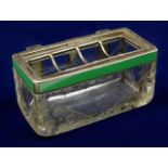 A small French etched crystal car ashtray with enamelled top & silver fittings