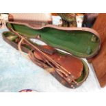 A cased antique violin with bows a/f