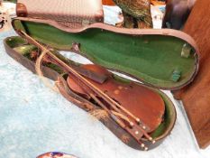 A cased antique violin with bows a/f
