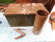 A munitions box, a WW2 pocket knife & a brass shel