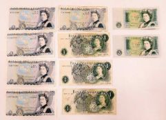 Five blue £5 notes, four quite crisp twinned with
