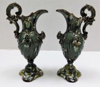 A pair of German majolica ewers 7.75in tall